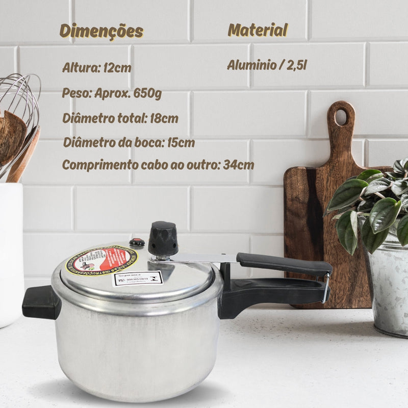 Panela de Pressão Roque 2,5 Litros Inox Pequenas Porções Cabo Reforçado Selo Segurança Inmetro Polida